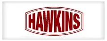 A red and white logo for hawkins