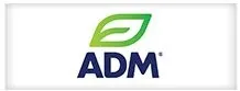 A green and blue logo for adm