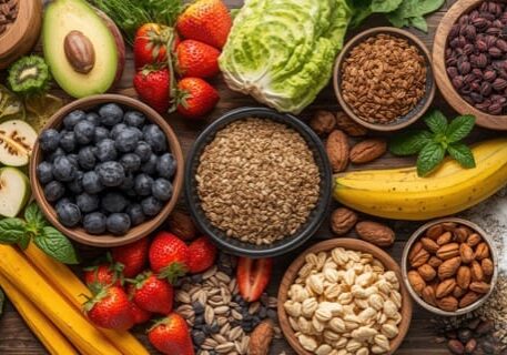 Ethical vegan nutrition concept with health food rich in antioxidants vitamins omega 3 protein and smart carbs on rustic wooden surface