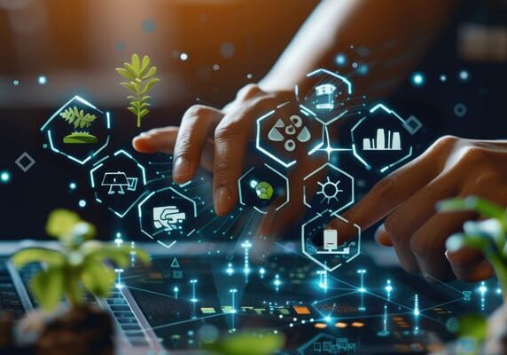 Person engaging with a futuristic digital interface, sustainability concept
